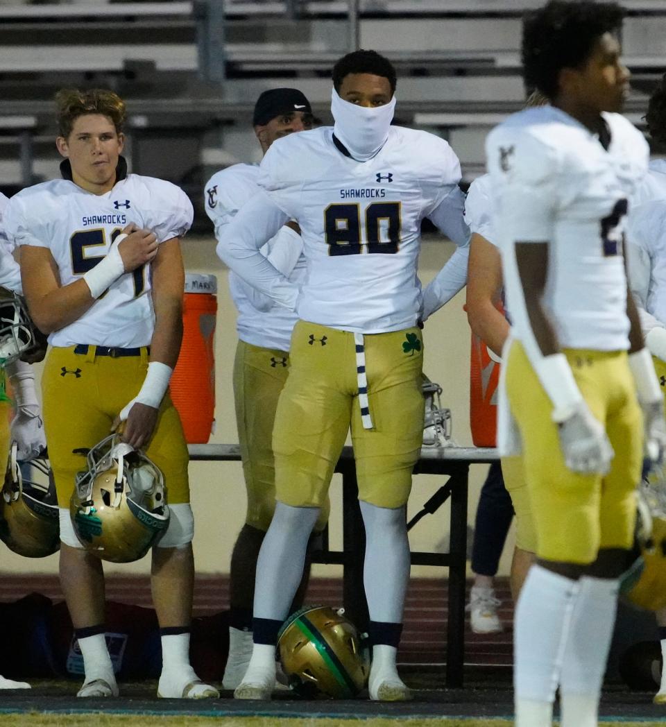 November 11, 2022; Phoenix, Ariz; USA; Yuma Catholic defensive lineman Jaxson Jones (80) during a game at Hoy Stadium. Mandatory Credit: Patrick Breen-Arizona Republic