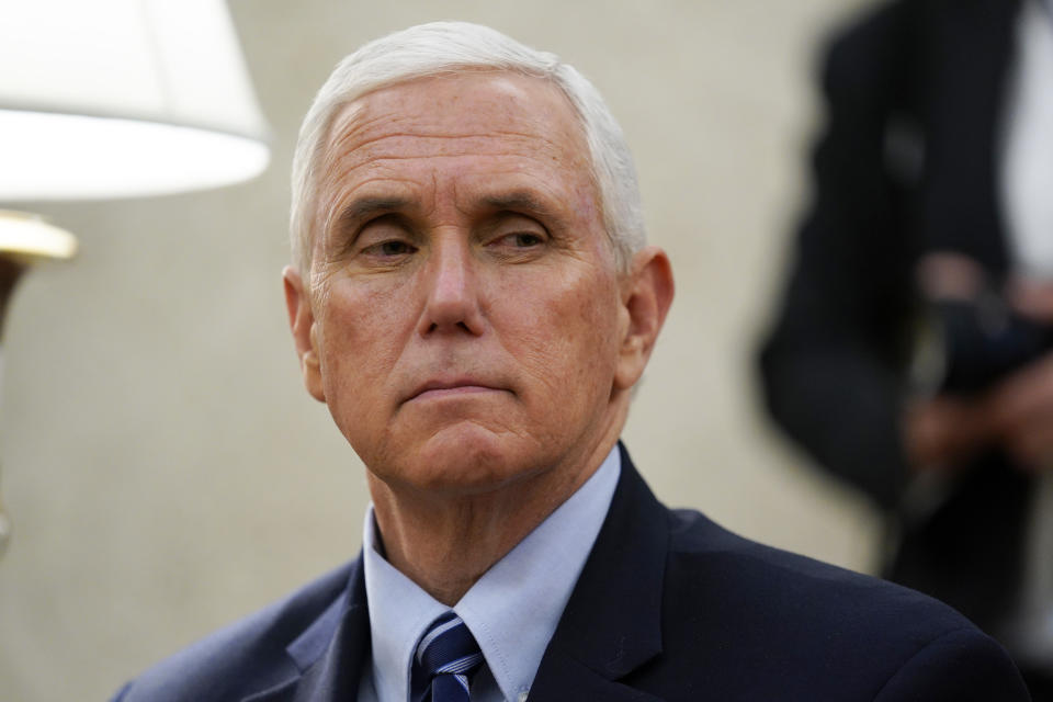 Vice President Mike Pence listens as President Donald Trump holds a meeting about the coronavirus response on Thursday, May 7, 2020, in Washington. (AP Photo/Evan Vucci)