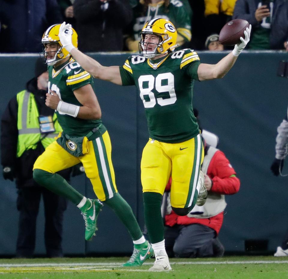 Green Bay Packers tight end Ben Sims (89) celebrates scoring a touchdown againsst the Kansas City Chiefs during their football game Sunday, December 3, 2023, at Lambeau Field in Green Bay, Wis. 
Dan Powers/USA TODAY NETWORK-Wisconsin.