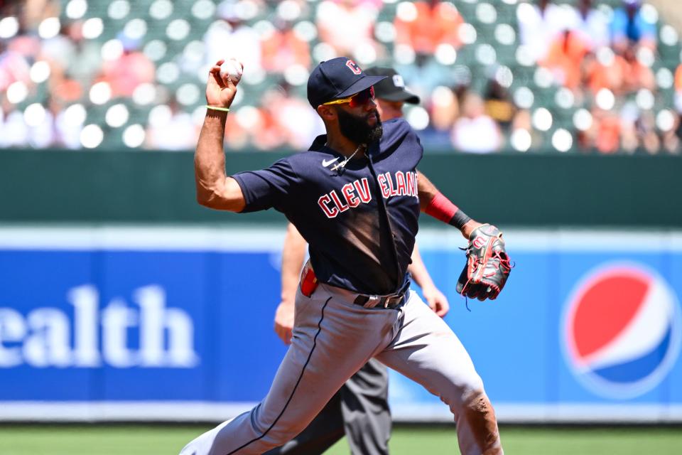 Cleveland Guardians shortstop Amed Rosario throws to first base for an out on a ball hit by Baltimore Orioles' Ryan Mountcastle during the second inning of a baseball game, Sunday, June 5, 2022, in Baltimore. (AP Photo/Terrance Williams)