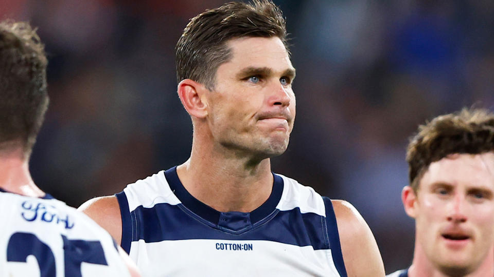 Tom Hawkins looks dejected after Geelong's loss to Carlton.