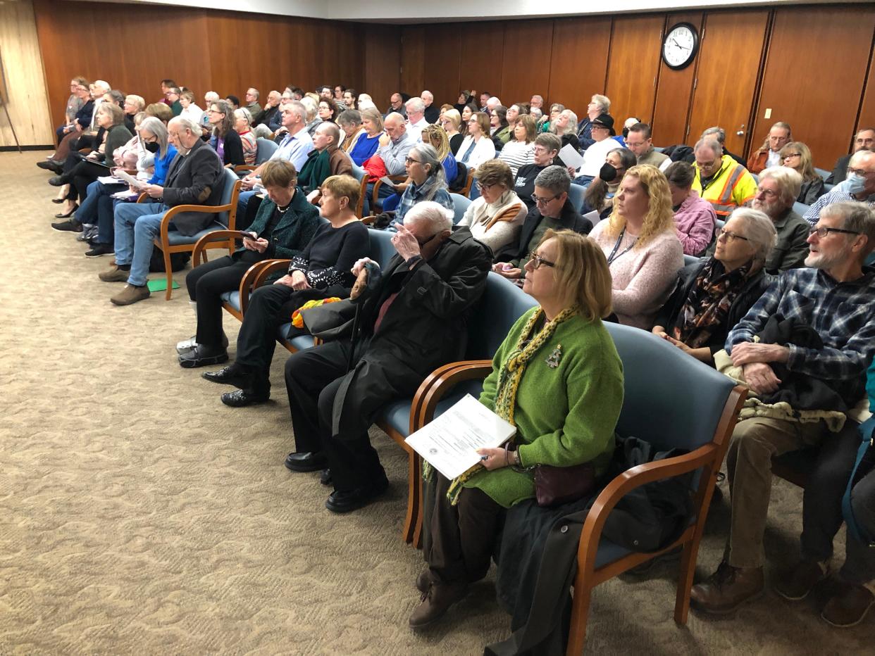 A large crowd of residents pack the meeting of the St. Joseph County Commissioners to discuss the appointment of a member of the St. Joseph County Public Library board.