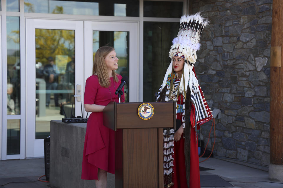 CORRECTS LAST NAME TO WALDREF INSTEAD OF WELDER - In this photo provided by the U.S. Attorney's Office, Eastern District of Washington, U.S. Attorney Vanessa Waldref, left, administers the oath of office to Assistant U.S. Attorney Bree Black Horse, right, during a ceremony Thursday, May 2, 2024, at the Yakama Nation Justice Center in Toppenish, Wash. Black Horse is among a team of federal prosecutors and coordinators who are dedicated to working on cases involving the disappearances or killings of Native Americans as part of a U.S. Department of Justice outreach program aimed at addressing the MMIP crisis. (Robert Curry/U.S. Attorney's Office, Eastern District of Washington via AP)