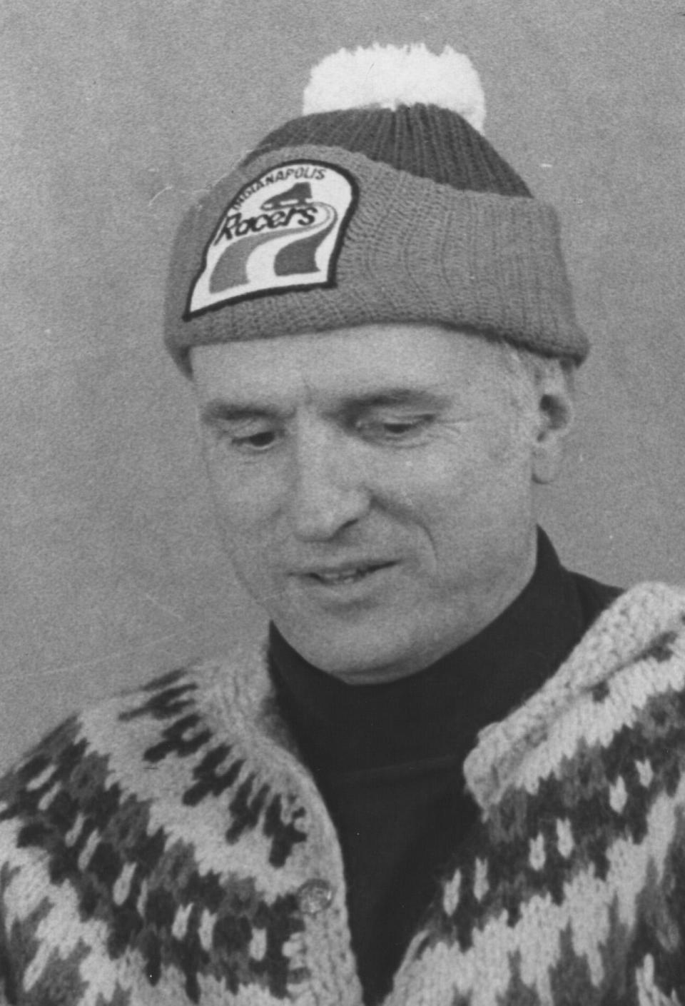 Indianapolis Mayor William Hudnut in his Indianapolis Racers hat was a common sight during the Blizzard of 1978.