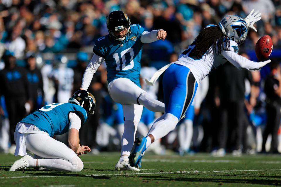 Jacksonville Jaguars kicker Brandon Mcmanus (10), seen here kicking a field goal against the Carolina Panthers, gave his team the option to try more long field goals with his strong leg.
