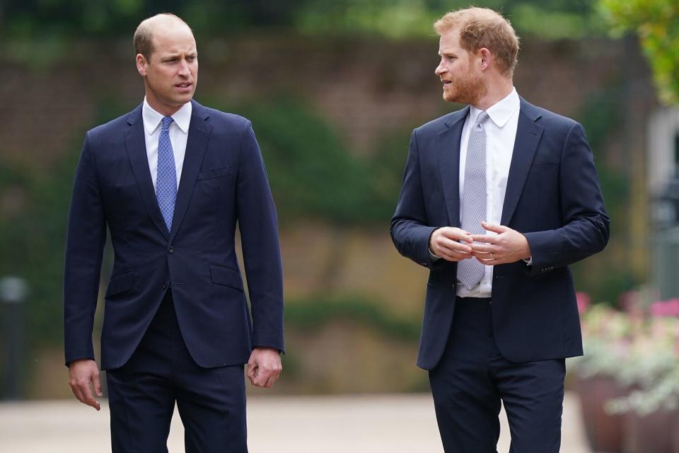 Prince William, Duke of Cambridge (left) and Prince Harry, Duke of Sussex arrive for the unveiling of a statue they commissioned of their mother Diana, Princess of Wales