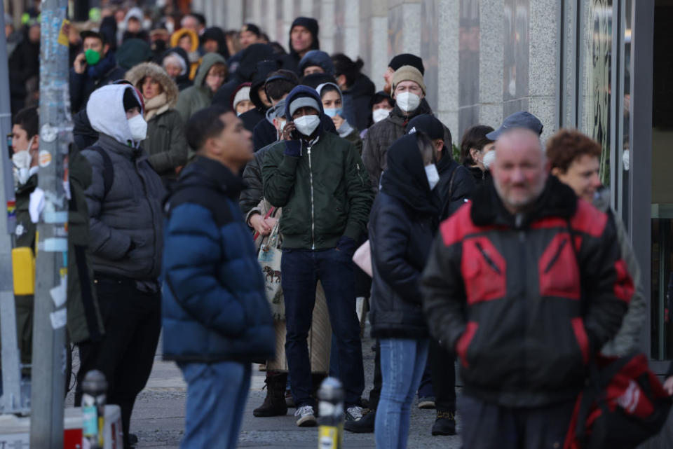 People wait in line to be vaccinated against Covid-19 at a newly-opened vaccination centre in the Ring-Center shopping mall during the fourth wave of the novel coronavirus pandemic in Berlin, Germany. 