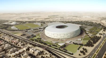 Doha's Al Thumama stadium, designed by a Qatari architect in the shape of a traditional knitted "gahfiya" Arabian cap, is seen in this undated artist illustration released August 20, 2017. The Supreme Committee for Delivery & Legacy/Handout via REUTERS