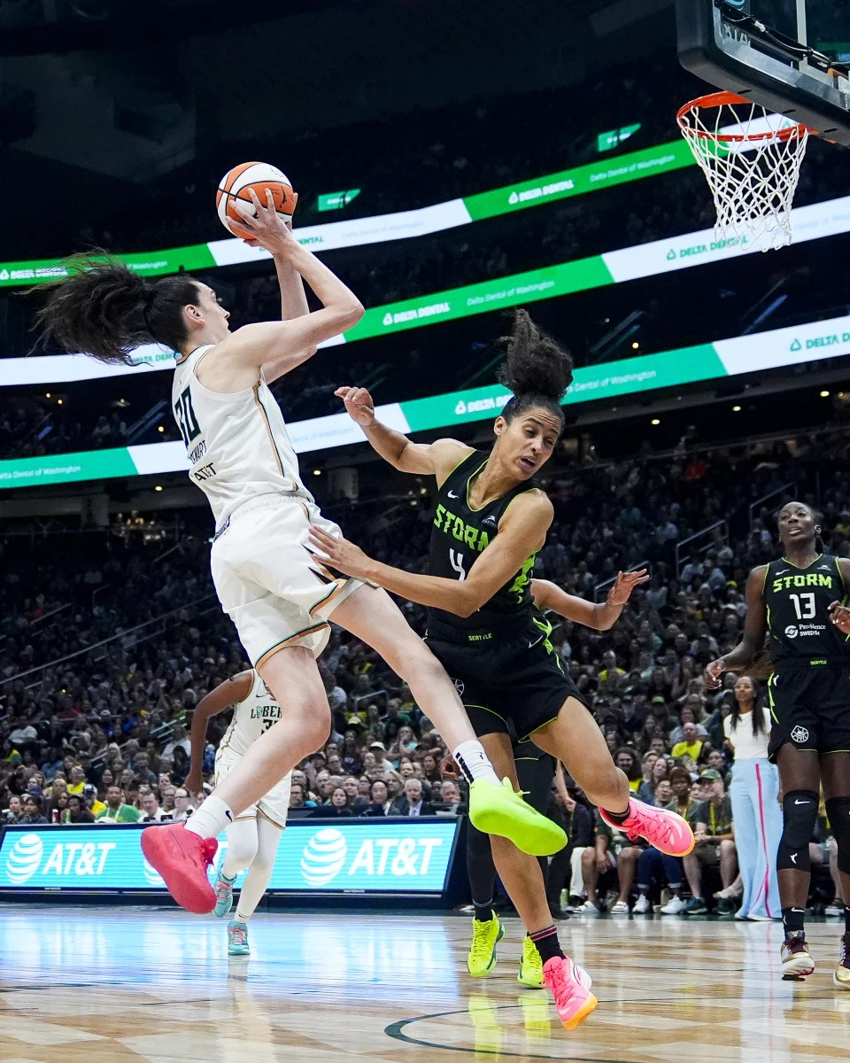 New York Liberty forward Breanna Stewart goes up for a shot against Seattle Storm guard Skylar Diggins-Smith, right, during the second half of a WNBA basketball game Friday, Aug. 30, 2024, in Seattle. The Liberty won 98-85. (AP Photo/Lindsey Wasson)