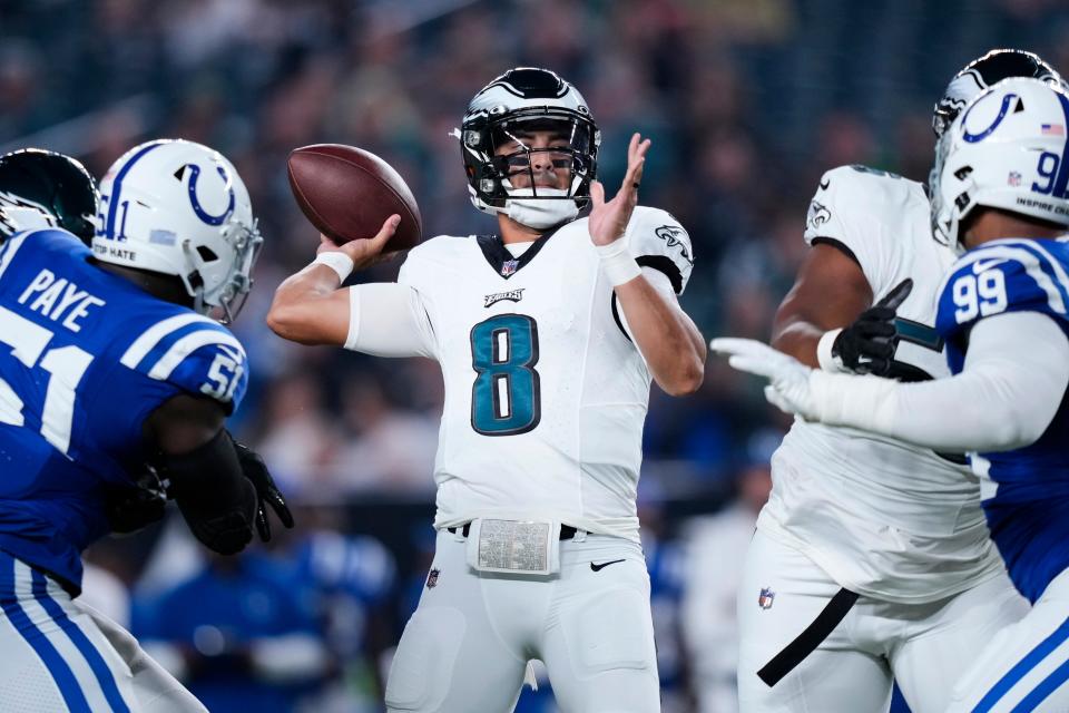 Philadelphia Eagles quarterback Marcus Mariota (8) looks to pass during the first half of an NFL preseason football game against the Indianapolis Colts on Thursday, Aug. 24, 2023, in Philadelphia.