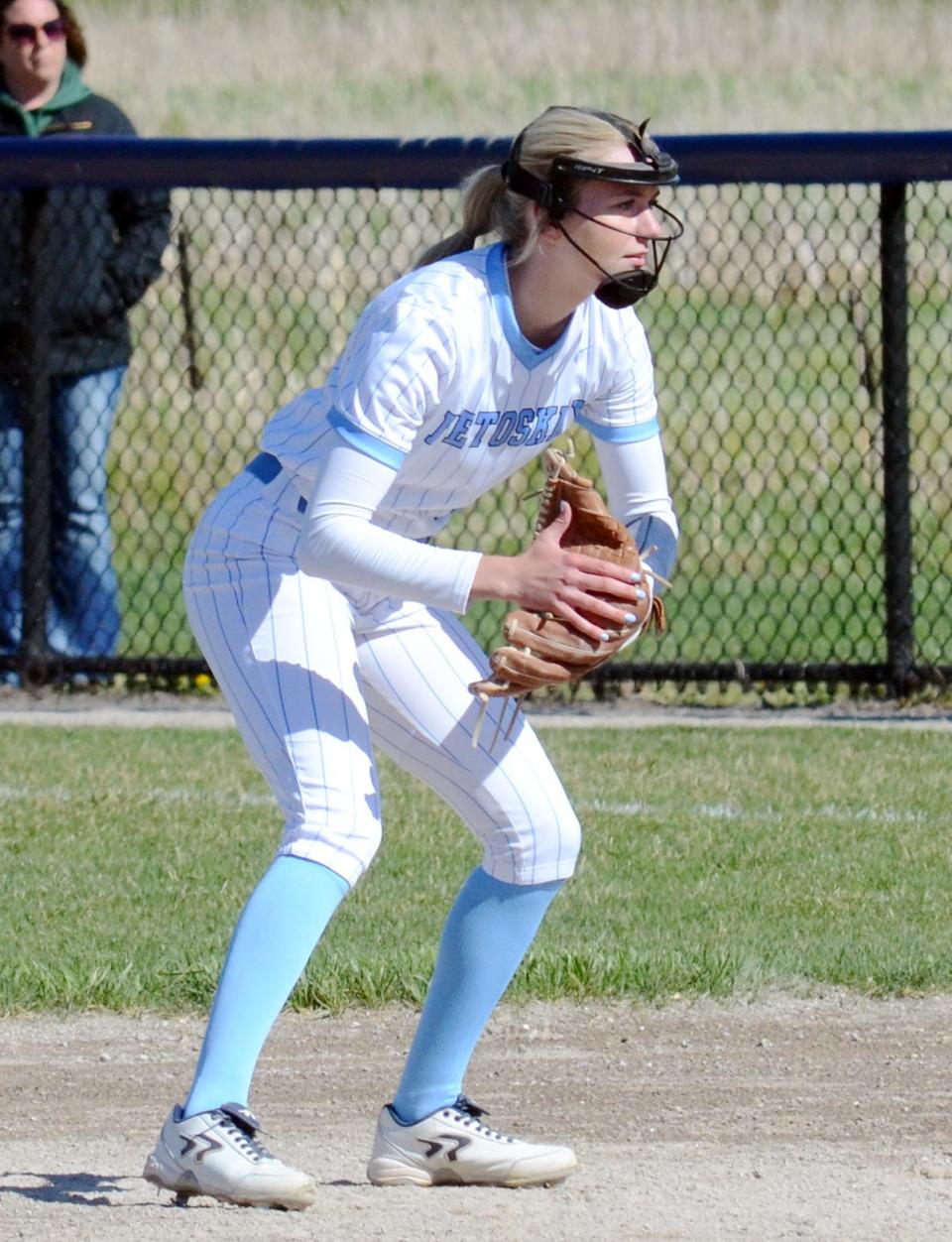 Petoskey senior Laira Novenske sets up defensively at second base against Alpena.