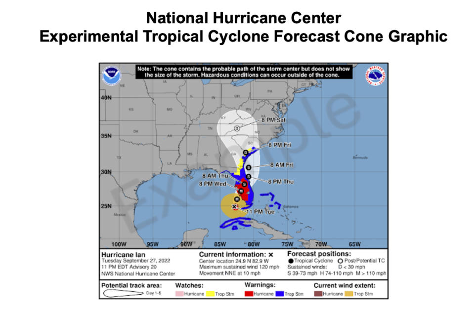  As an experiment this hurricane season, NOAA is expanding its graphic cone of where a hurricane is likely to hit to include the range of potential impacts, which typically extend well outside the cone itself. The goal is to better warn people of the jeopardy they might face from a hurricane or tropical storm even if they’re not in the direct path. (NOAA)