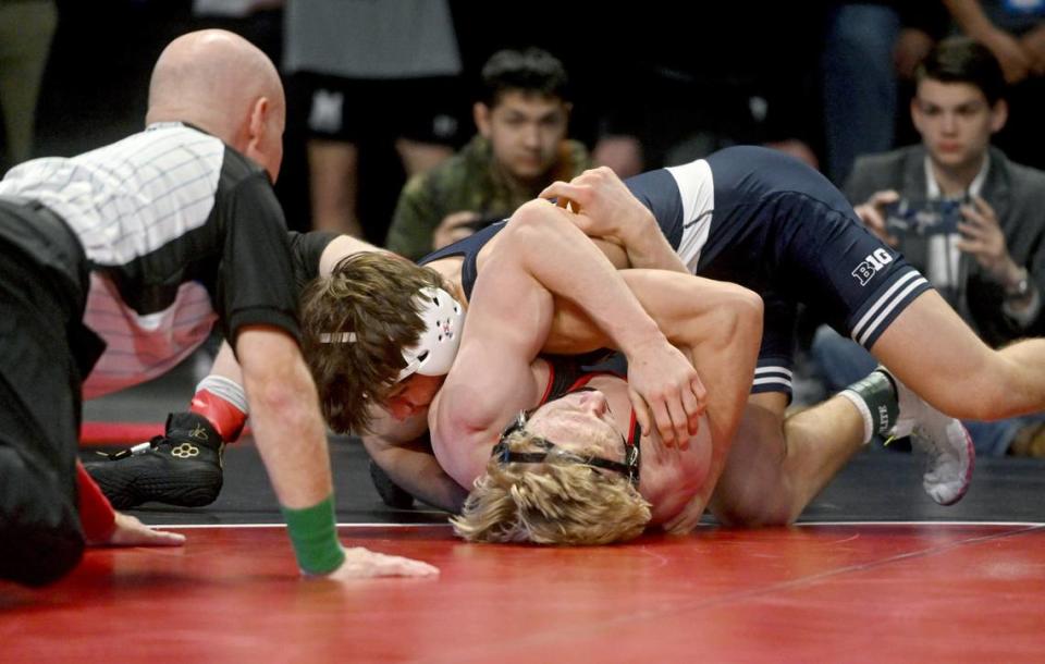 Penn State’s Tyler Kasak pins Maryland’s Ethen Miller in the149 lb third place bout of the Big Ten Wrestling tournament at the Xfinity Center at the University of Maryland on Sunday, March 10, 2024. Abby Drey/adrey@centredaily.com