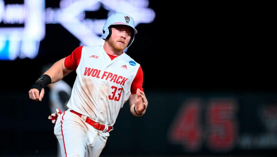 N.C. State’s Garrett Pennington (33) advances to third base during N.C. State’s 9-2 victory against Bryant in the NCAA Raleigh Regional at Doak Field on Friday, May 31, 2024.