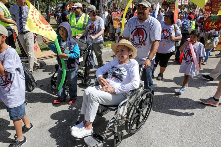 Ethel Kennedy joined hundreds of marchers through West Palm Beach and Palm Beach in 2016 to call attention to a general boycott of the Wendy&#39;s food chain.