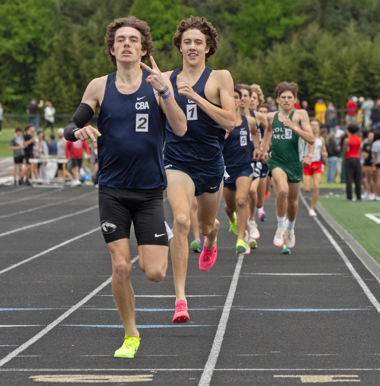 CBA’s Conor Clifford and Joe Barrett finished first and second in the Boys 1600 Meter Run. Monmouth County Track Championships at Monmouth Regional in Tinton Falls on May 9, 2024.