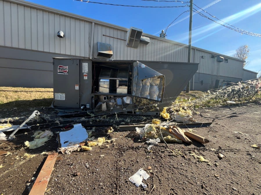 A large AC unit was blown off its concrete pad in the Dec. 9 tornadoes. (Photo: WKRN)