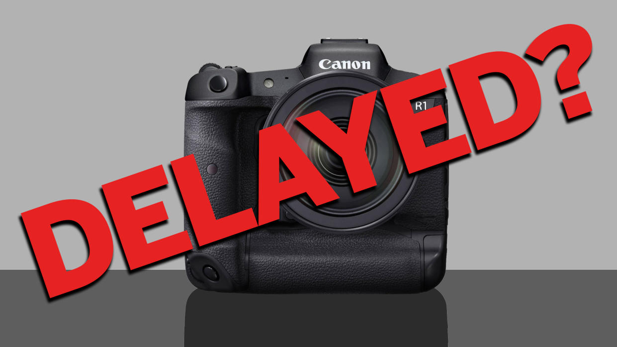  Mockup of the Canon EOS R1 with the word "DELAYED?" superimposed on top. 