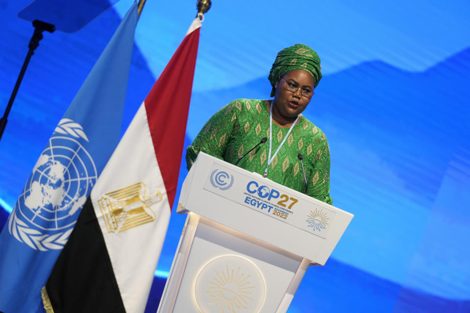 Josephine Napwon Cosmos Ngoya, minister of environment and forestry of South Sudan, speaks at the COP27 U.N. Climate Summit, Tuesday, Nov. 15, 2022, in Sharm el-Sheikh, Egypt. (AP Photo/Peter Dejong)