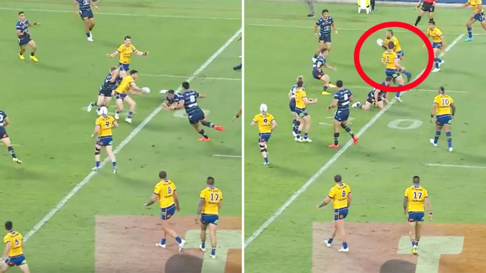 Mitchell Moses' hands appeared to be facing forwards when he passed the ball in the same direction to a teammate. Image: Fox League
