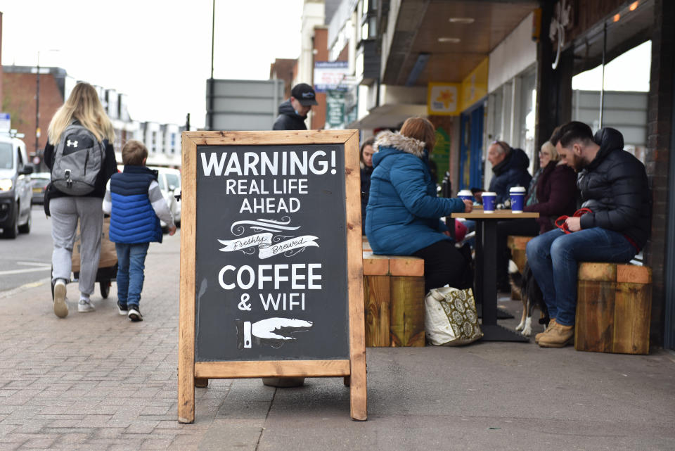 BILLERICAY, ENGLAND - APRIL 15: A sign outside a coffee shop saying 