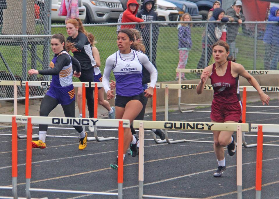 The hurdling trio of (from left) Bronson's Jaiden Hayes, Athens' Jocelyn Hall and Union City's Nevada Gillons will all compete in the hurdles at Saturday's State Championship.