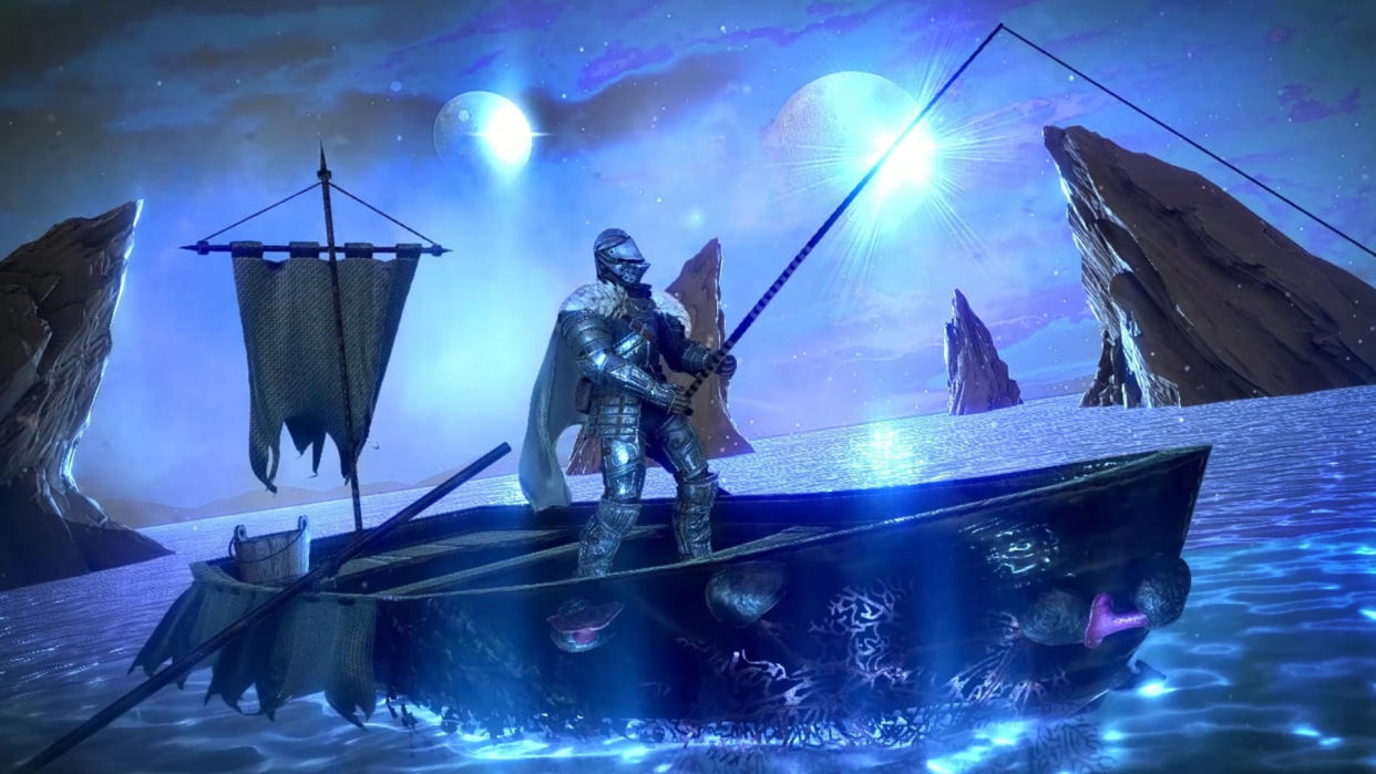  In Mortal Crux, a knightly player character fishes from atop a rowboat on a moonlit bay. 