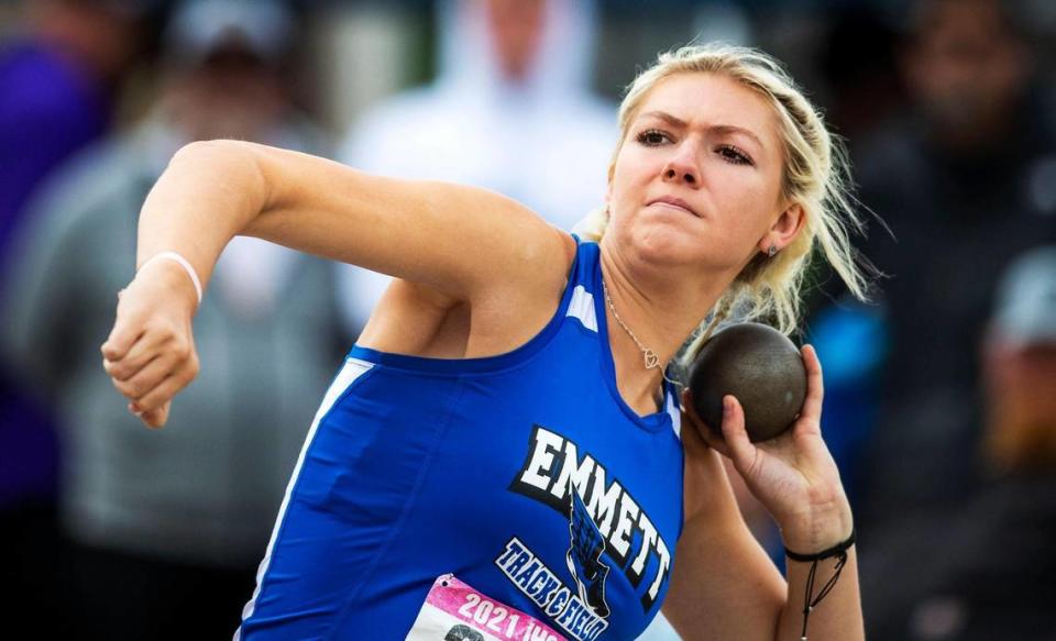 Emmett’s Lacy Yates wins the 4A girls state shot put title with a 38-11 throw Saturday, May 22, 2021, at Eagle High School.