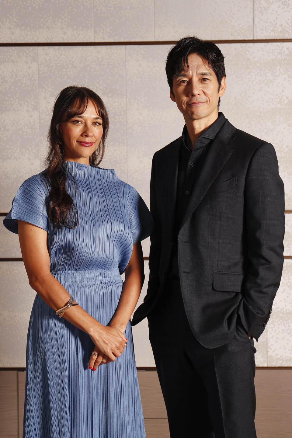 Rashida Jones, left, and Hidetoshi Nishijima pose for a photo in Tokyo on Tuesday, June 25, 2024, during a media event for the Apple TV+ series "Sunny." (Photo/Rodrigo Reyes Marin)