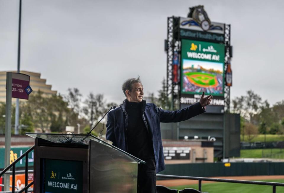 Sacramento River Cats owner Vivek Ranadivé, who also owns the Sacramento Kings, announces on Thursday, April 4, 2024, that the Oakland Athletics will temporarily relocate to West Sacramento in 2025 and play at least three seasons at Sutter Health Park before moving to Las Vegas.