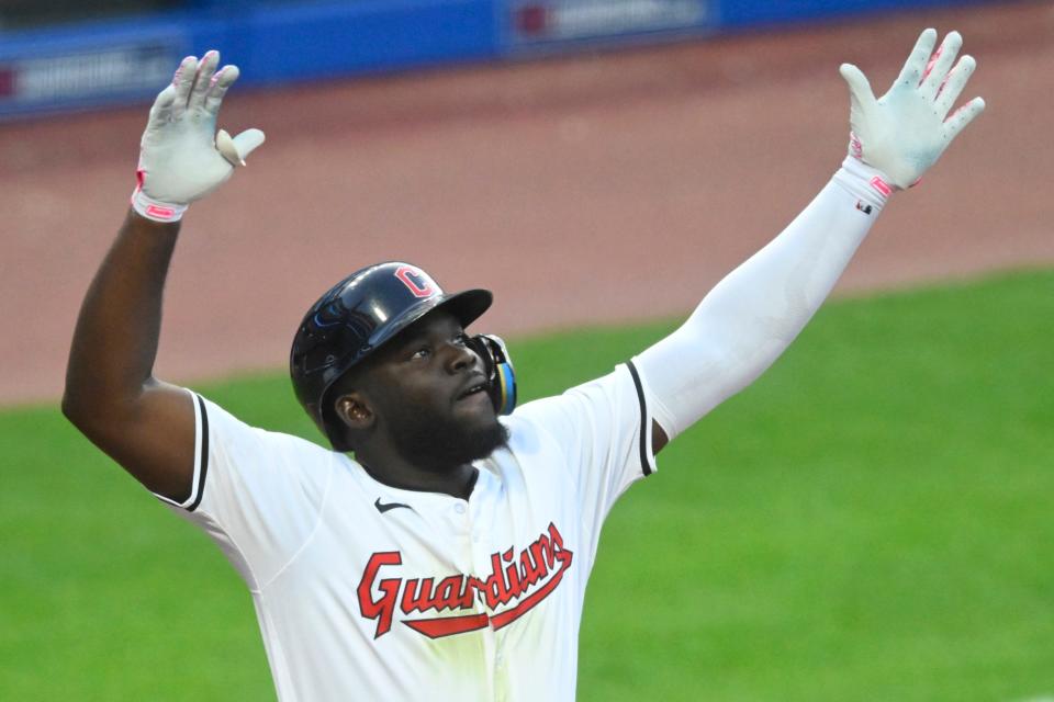 Guardians right fielder Jhonkensy Noel celebrates his three-run home run in the fourth inning against the Cubs, Aug. 14, 2024, in Cleveland.