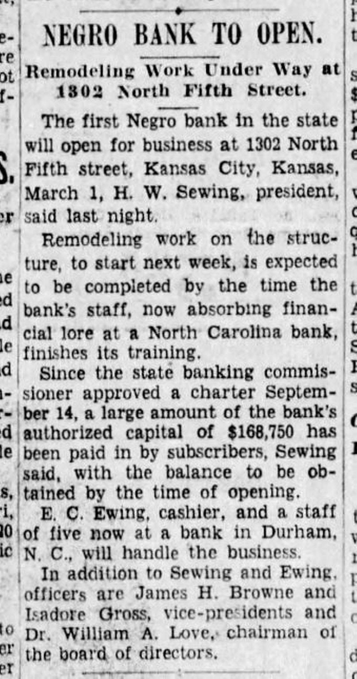 A story in The Kansas CIty Star on Sunday, Dec. 22, 1946, announced the eventual opening of the first Black-owned bank in Kansas, and one of only a few in the United States.