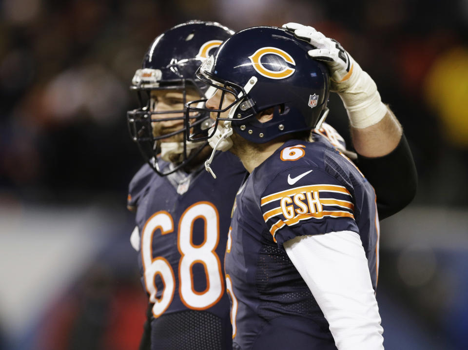 Chicago Bears quarterback Jay Cutler (6) celebrates a touchdown run by running back Matt Forte with guard Matt Slauson (68) during the second half of an NFL football game against the Green Bay Packers, Sunday, Dec. 29, 2013, in Chicago. (AP Photo/Nam Y. Huh)