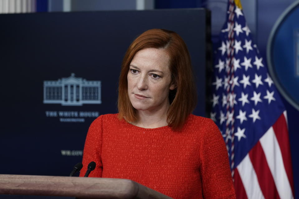 White House press secretary Jen Psaki speaks with reporters in the James Brady Press Briefing Room at the White House, Thursday, Feb. 5, 2021, in Washington. (AP Photo/Alex Brandon)