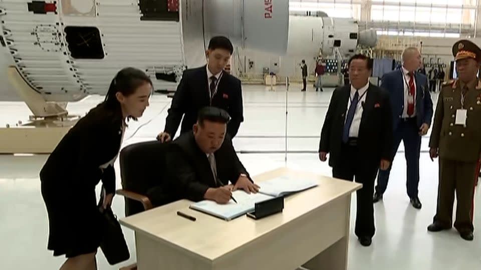 Kim Jong Un's sister stands alongside the North Korean leader at the Vostochny Сosmodrome in the Amur region, Russia, on September 13, 2023. - Kremlin