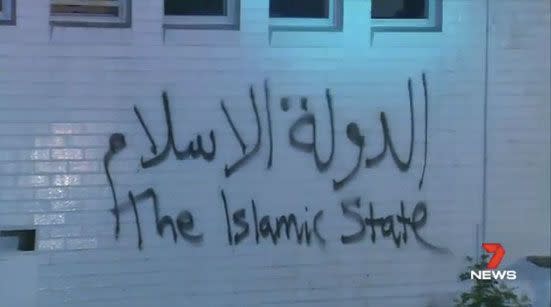 Vandals and sprayed the words 'Islamic State' on the religious centre during the December 11 attack. Picture: 7 News