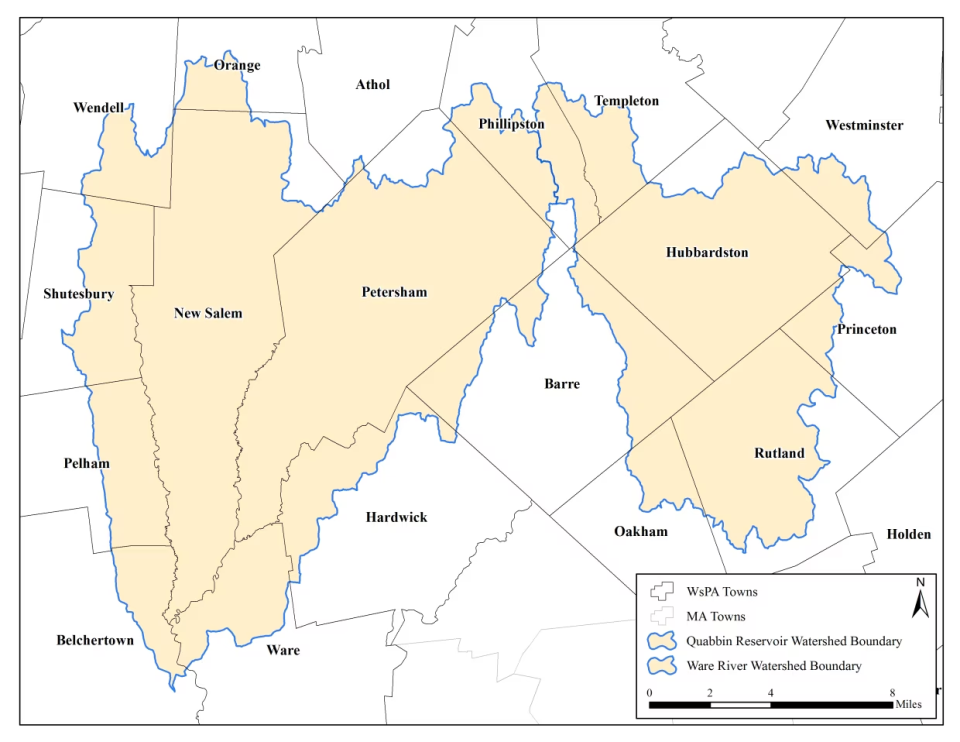 The map of municipalities that are included in the Quabbin Reservoir Watershed and could benefit from legislation proposed by Sen. Jo Comerford, D-Northampton and Rep. Aaron Saunders, D-Belchertown.