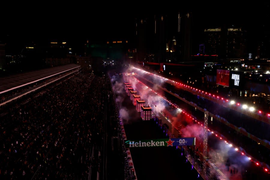 LAS VEGAS, NEVADA – NOVEMBER 15: A general view as Andra Day performs during the Opening Ceremony during previews ahead of the F1 Grand Prix of Las Vegas at Las Vegas Strip Circuit on November 15, 2023 in Las Vegas, Nevada. (Photo by Chris Graythen/Getty Images)