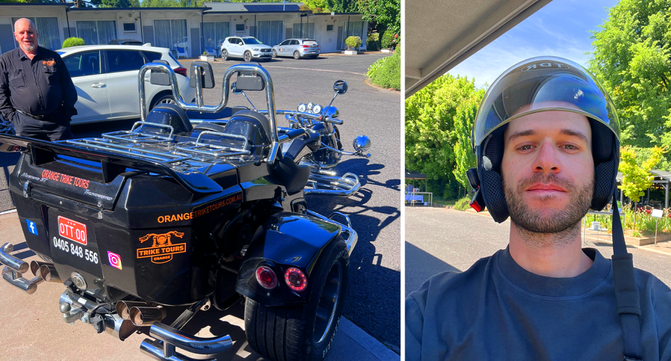 Mark from Orange Trike Tours (left) and your given headwear (right). Source: Supplied. 