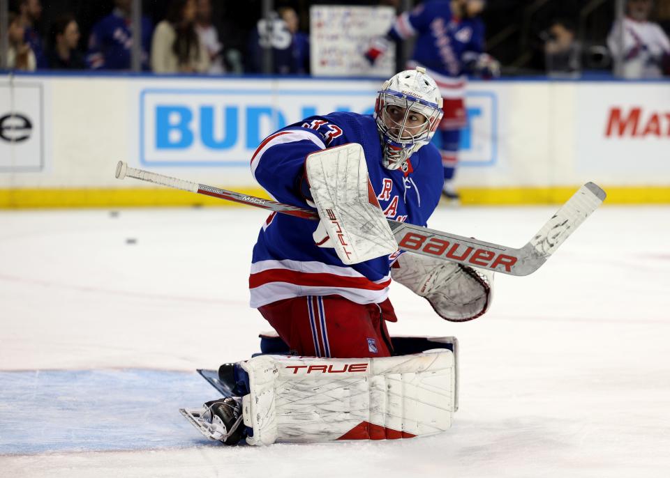 NEW YORK, NEW YORK - NOVEMBER 09: Dylan Garand #33 of the New York Rangers warms up before the game against the Minnesota Wild at Madison Square Garden on November 09, 2023 in New York City.