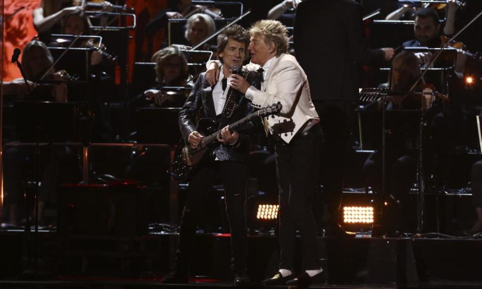 Closing the show … Rod Stewart and Ronnie Wood perform on stage at the Brit Awards 2020.