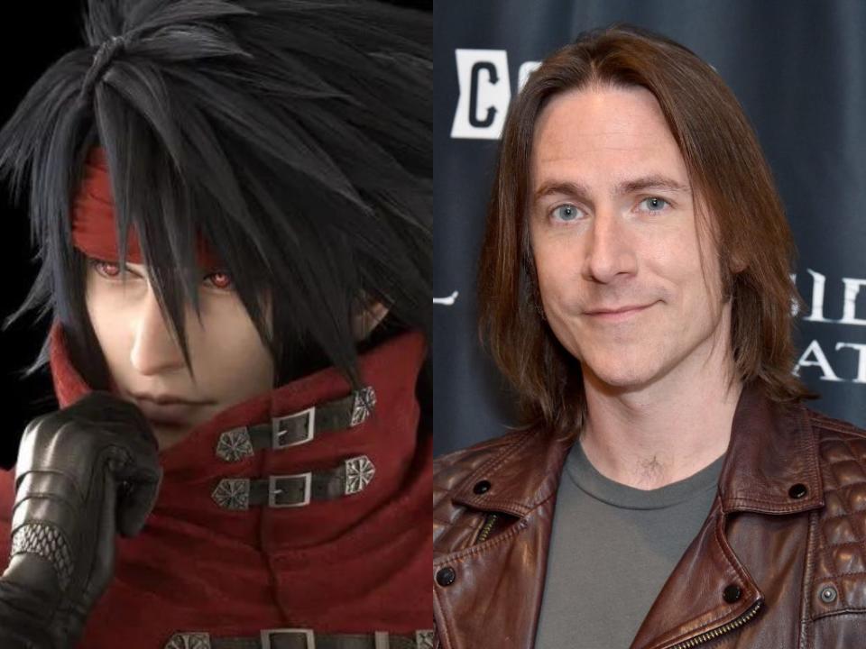A composite image of the cartoon character Vincent Valentine.  Voice actor Matthew Mercer (right) speaks the character "Final Fantasy VII: Rebirth."