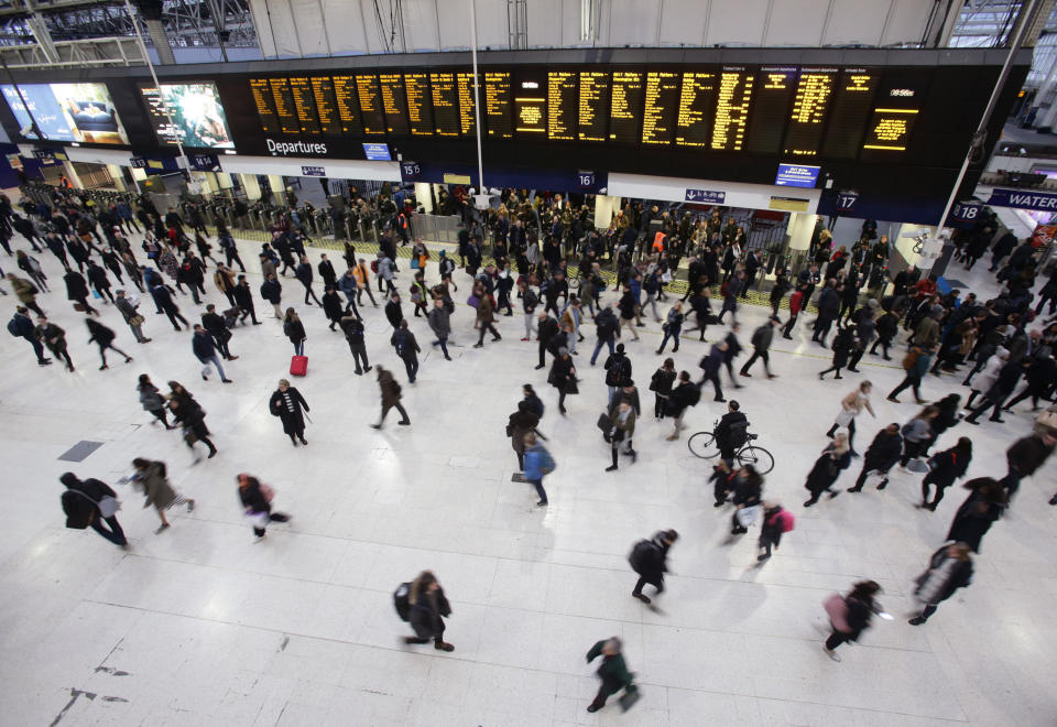 Commuters at Waterloo station in London, as workers in five rail companies stage a fresh wave of strikes in the bitter disputes over the role of guards, causing disruption to services in the first full week back to work after the festive break.