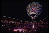 Fireworks light up the night sky during the Closing Ceremony for the 1988 Summer Olympics in Seoul, South Korea. (Billy Stickland/Allsport)