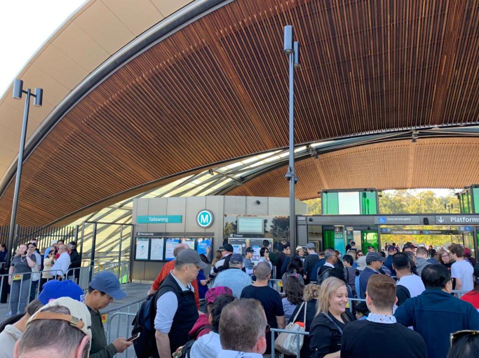 Crowds of people pictured at Tallawong Station on the Metro Sydney Trains line.