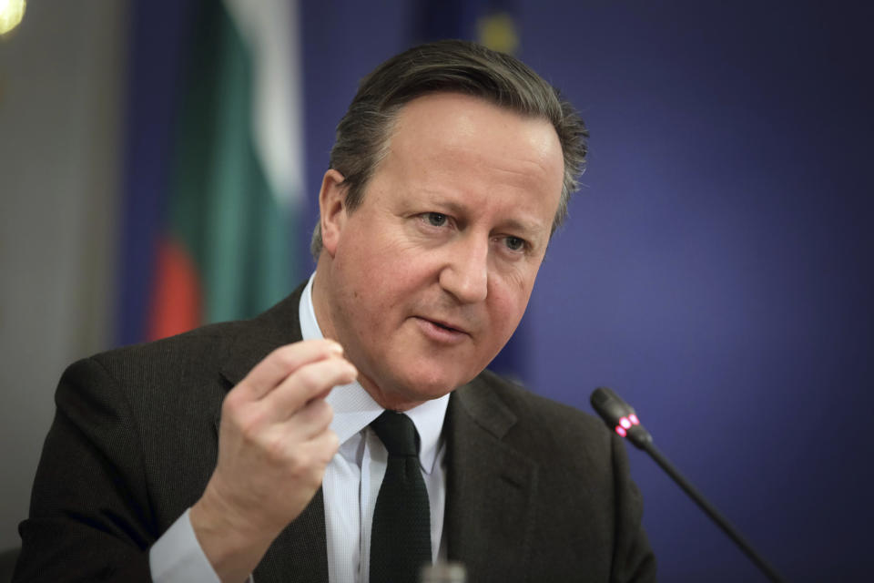 Britain's Foreign Secretary David Cameron speaks during news conference at the Council of Ministers headquarters in Sofia, Bulgaria, Wednesday, Feb.14, 2024. Cameron is visiting Bulgaria prior to meeting counterparts at the Munich Security Conference. (AP Photo/Valentina Petrova)