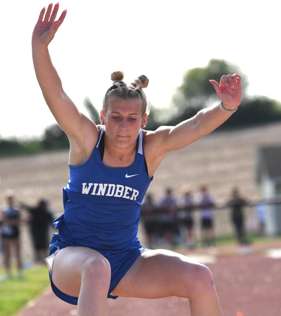 Windber's Riley Brubaker competes in the girls triple jump during the District 5 Class 2A Track and Field Championships, Wednesday, at Northern Bedford High School.
