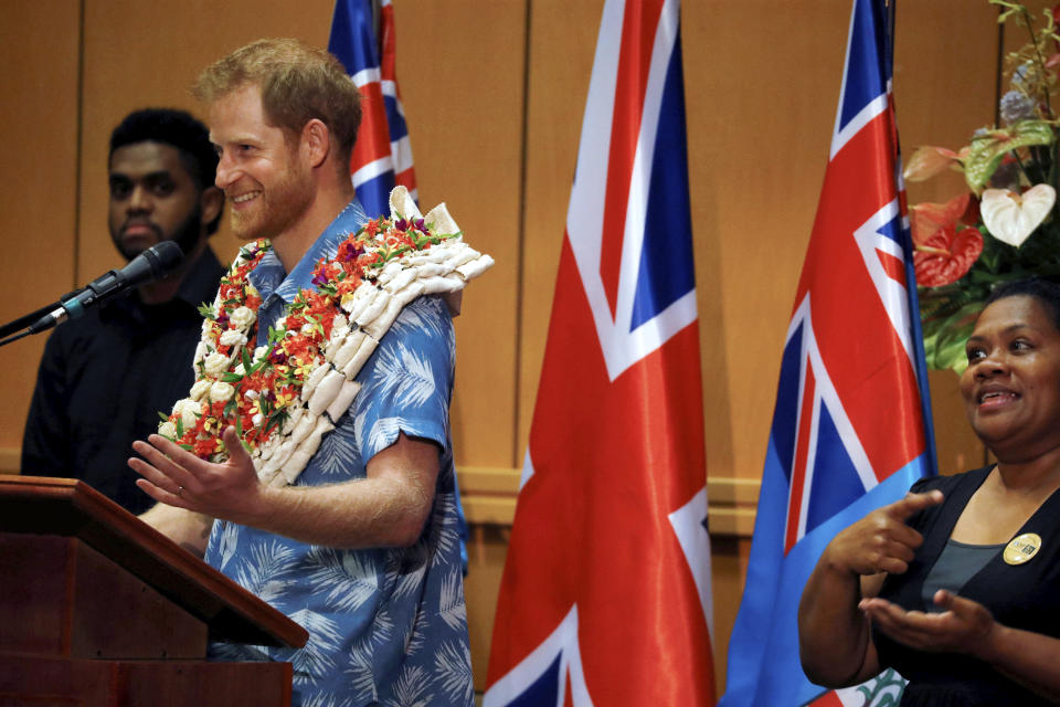 Britain's Prince Harry delivers a speech at the University of the South Pacific in Suva, Fiji, Wednesday, Oct. 24, 2018. Prince Harry and his wife Meghan are on day nine of their 16-day tour of Australia and the South Pacific (Phil Noble/Pool Photo via AP)