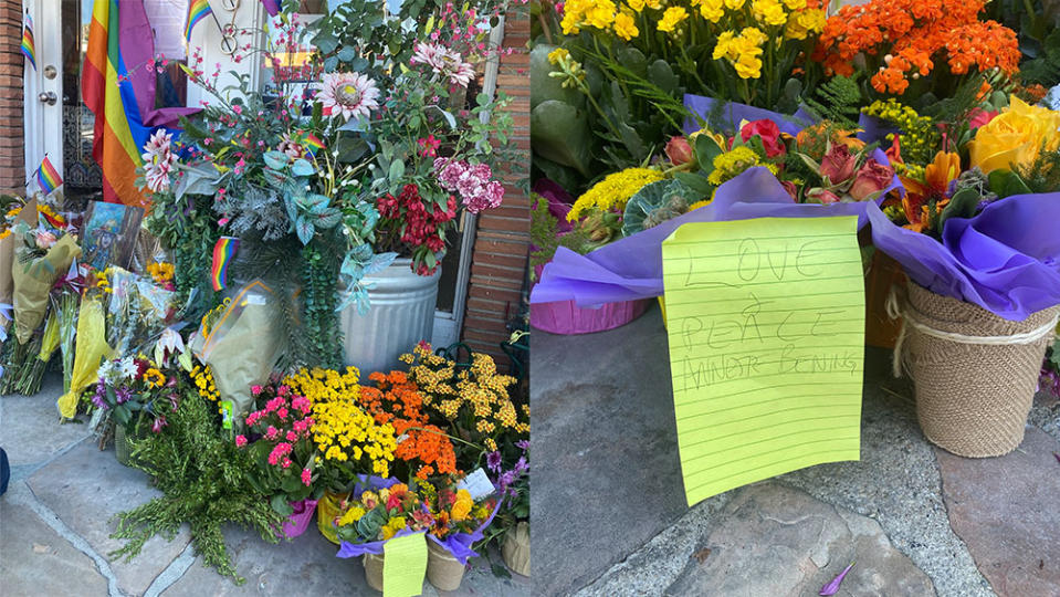 The memorial is seen outside Mag.Pi, in Studio City. At right, a note from Annette Bening.