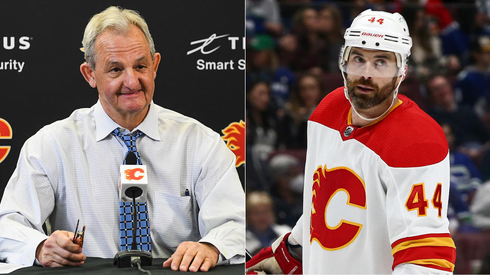 Flames head coach Darryl Sutter claimed he could have had Erik Gudbranson patched up and ready to go in five minutes. (Photos via Getty)